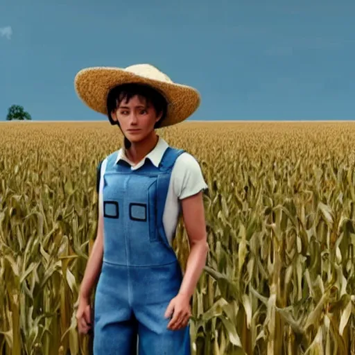 Prompt: a film still of a humanoid robot wearing a straw hat blue overalls in the corn field, chappie, transformers, photorealistic, 8 k