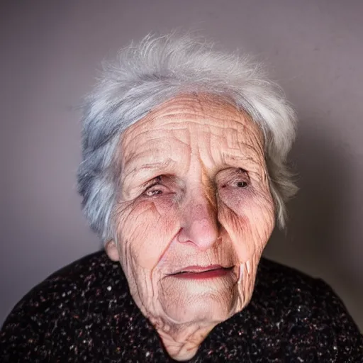 Prompt: Old woman, selfie, bright flash, front view photography, selfie photography, 8k, photorealism