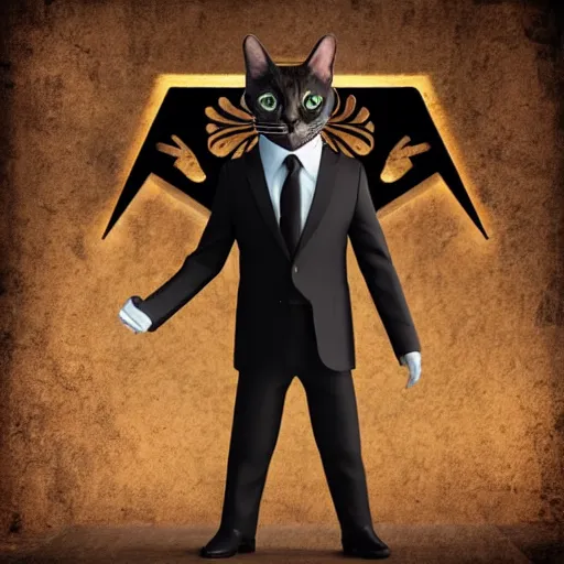 Prompt: photorealistic anthropomorphic cat, wearing black business suit, holding illuminati hand symbol, post apocalyptic cinematic photorealistic background, still