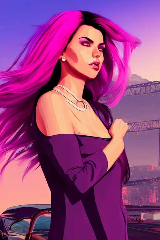 Image similar to a stunning GTA V loading screen with a beautiful woman with ombre purple pink hairstyle, hair blowing in the wind, sunset mood, outrun, vaporware, retro, digital art, trending on artstation