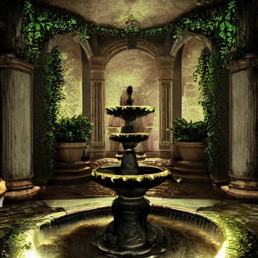 Image similar to garden inside a dark mansion, fountain, flowers, realistic, highly detailed, background of resident evil game