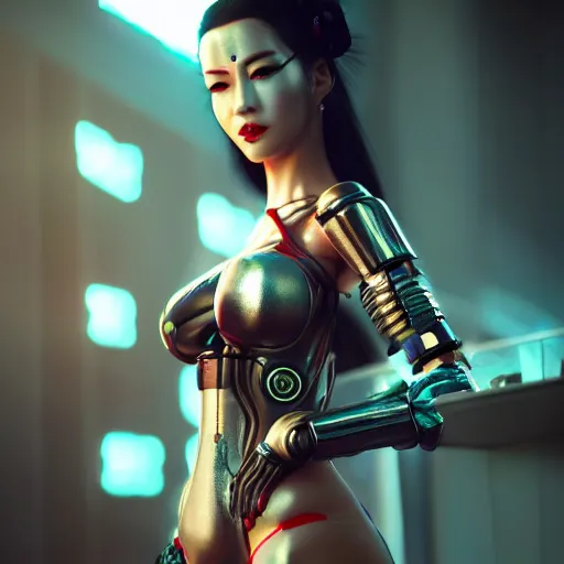 Prompt: cyberpunk geisha, full cyborg body, goddess body cinematic lighting, beautiful face, ultra detail, ultra realistic, photo realistic, octane render,