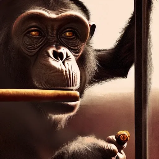 Image similar to a chimp wearing a suit smoking a cigar, dramatic lighting, cinematic, establishing shot, extremly high detail, photorealistic, cinematic lighting, artstation, style by James Gurney