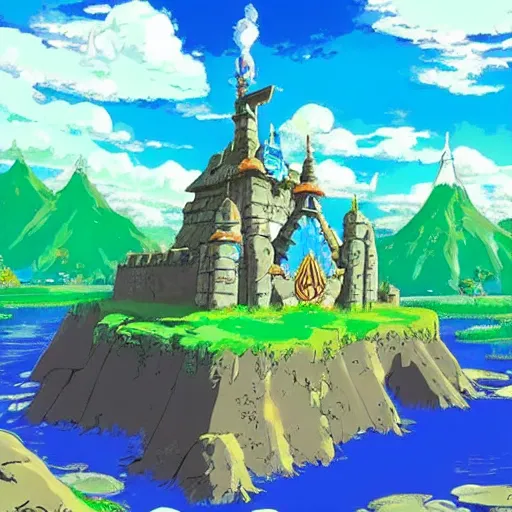 Prompt: breath of the wild style Hyrule castle in studio ghibli theme