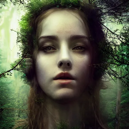 Image similar to goddess of the forest. fantasy. ultra realistic portrait of the women. forest. volumetric lighting. nature. haze. epic. cinema.