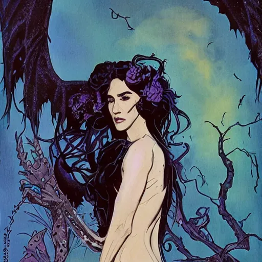 Image similar to jennifer connelly as odile, gothic dark fae disney villain with black feathers instead of hair, girlboss, dominant, zero g, feathers growing out of skin, pulp sci fi, mike mignola, david mack, romantic, comic book cover, vivid, beautiful, illustration, highly detailed, oil painting