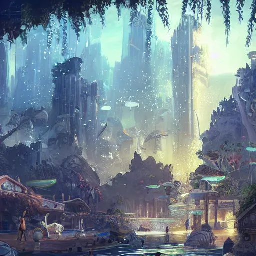 Image similar to a utopian city, filled with fauna, with bubbles floating around everywhere, dynamic lighting, fantasy concept art, trending on art station, stunning visuals, creative, cinematic, ultra detailed