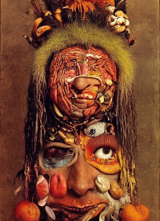 Image similar to a surreal painting of a shaman's face, by Giuseppe Arcimboldo, voodoo, occult, cosmic, symbolist, soft colors, dramatic lighting, smooth, sharp focus, extremely detailed, aesthetically pleasing composition