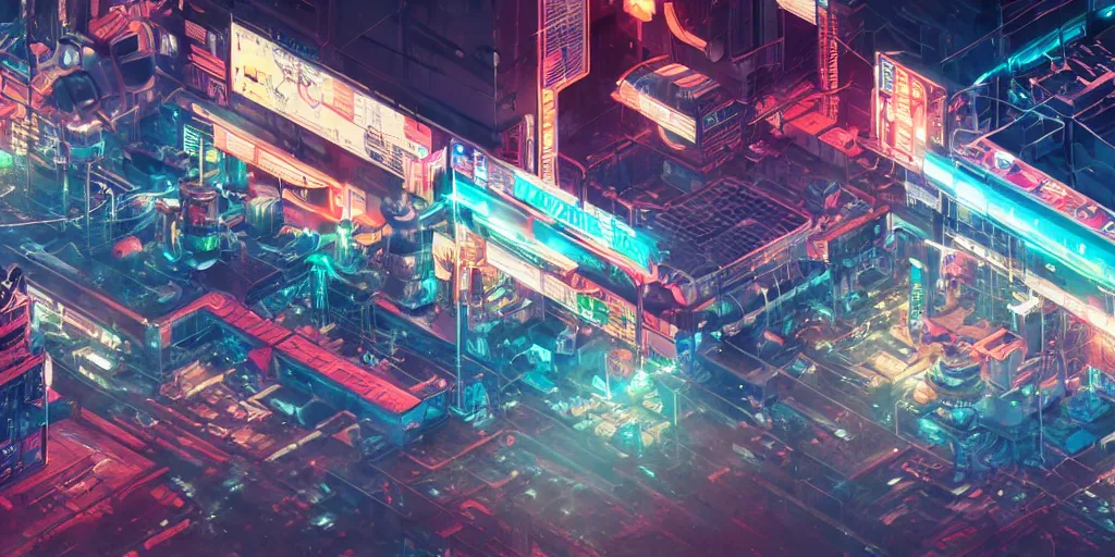 Image similar to isometric room of factory exploding at night in the center of a futuristic sci-fi asian city, signboards, neon lights, blade runner color palette, rendered in octane render by Yasunari Ikenaga, Yamato, Macross