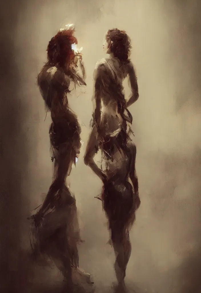 Prompt: full body portrait of a duo of 2 0 years old girl figures, messy hair, oriental tattoos, bespoke tailor suits, beautiful, dramatic, cinematic lighting, few fire red highlights, by jeremy mann and greg rutkowski, oil on canvas, artstation, pixiv