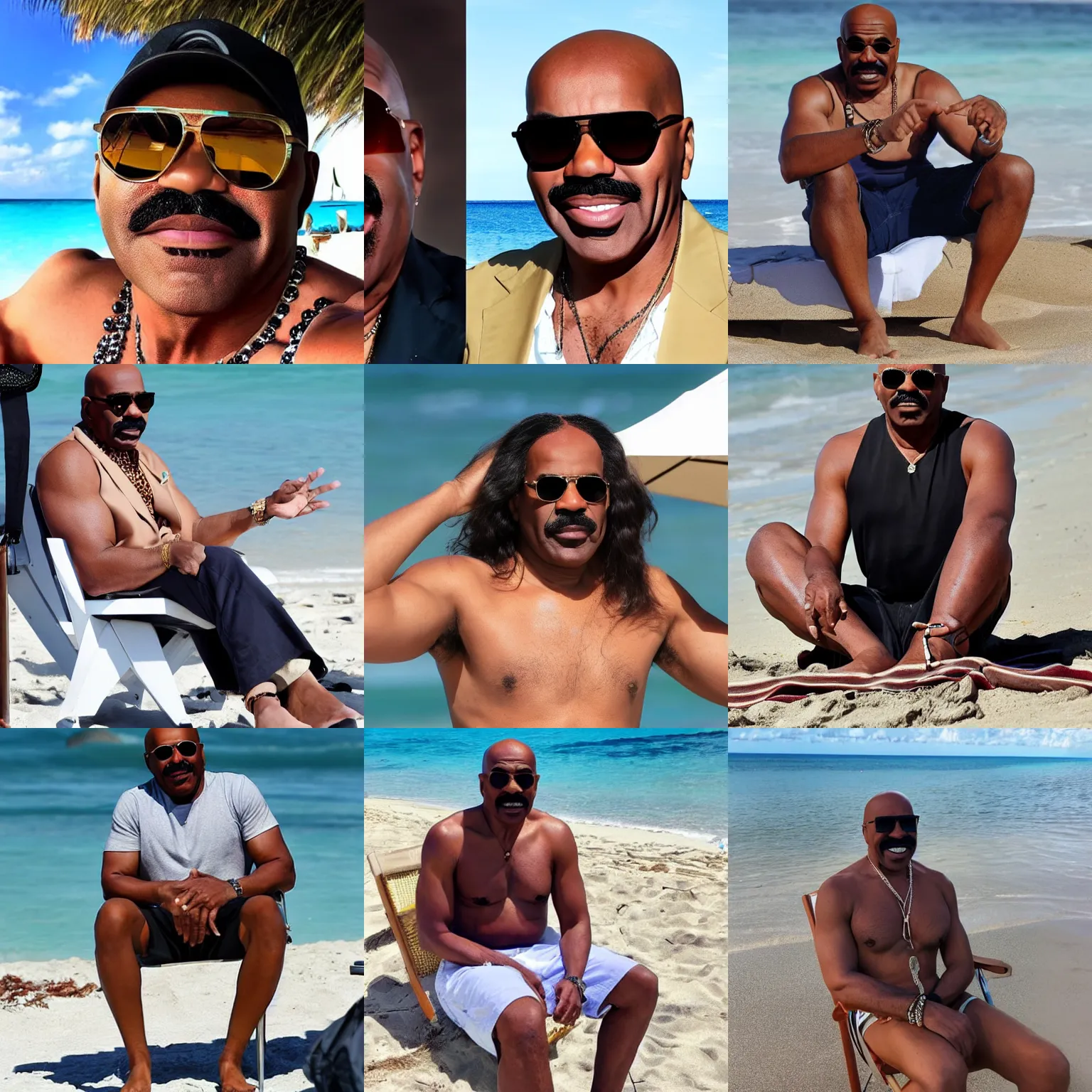 Prompt: Steve Harvey with long hair and sunglasses chilling on the beach