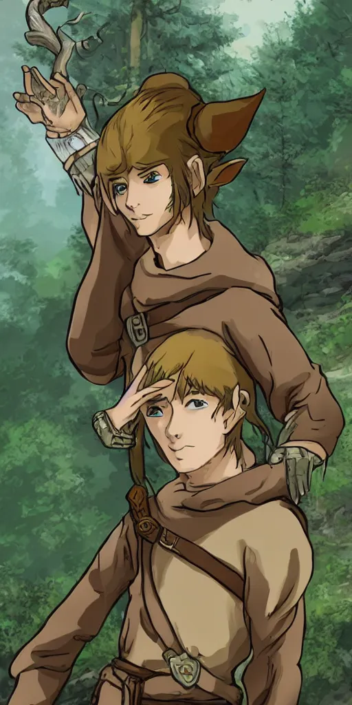 Prompt: an wood elf boy getting ready for an high fantasy adventure on the mountain side, anime style, tarot card,