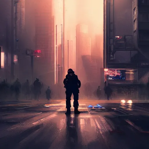 Image similar to police in the streets of cyberpunk warsaw, ethereal lighting, haze, night time, michal lisowski, marthe jonkers