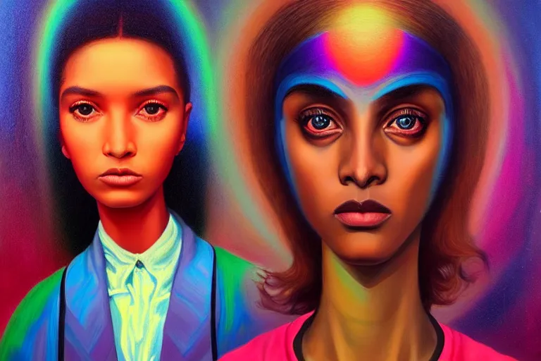 Image similar to patron saint of 🛸🌈👩🏾, futuristic clothing, neon god of city character portrait, in the style of margaret keane, moebius, tom bagshaw, and waterhouse, cinematic lighting, beautiful, elegant, oil painting,