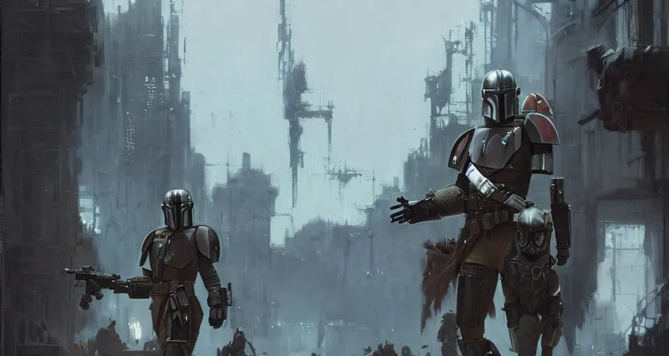 Image similar to the mandalorian, by jeremy mann, peter elson.