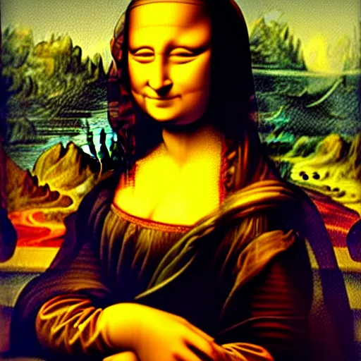 Image similar to mona lisa [ [ [ holding an iphone ] ] ]!!!, trending on artstation, illustration by leonardo davinci, 4 k oil painting, polycount