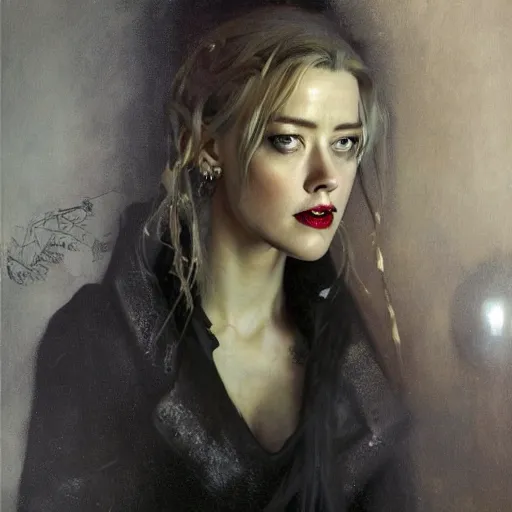 Image similar to hyperrealistic portrait of amber heard as a vampire witch in a black coat holding a human skull as a crystal ball. by jeremy mann and alphonse mucha, fantasy art, photo realistic, dynamic lighting, artstation, poster, volumetric lighting, very detailed faces, 4 k, award winning