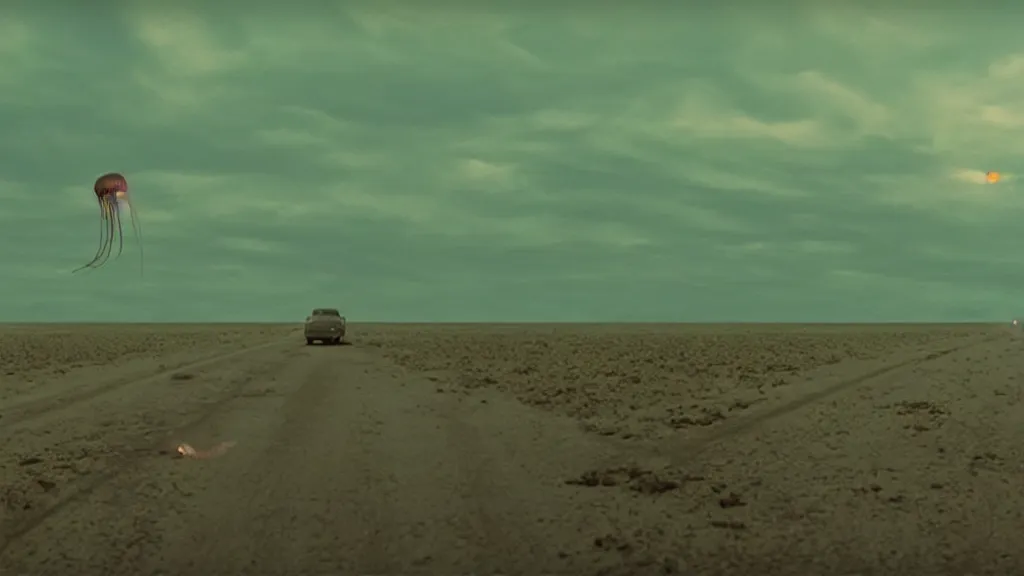 Prompt: Jellyfish floating in the sky at night above Route 66, film still from the movie directed by Denis Villeneuve with art direction by Zdzisław Beksiński, wide lens