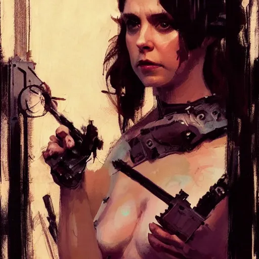 Image similar to alison brie as furiosa, intricate, elegant, highly detailed, greg manchess, mucha, liepke, ruan jia, jeffrey catherine jones, ridley scott