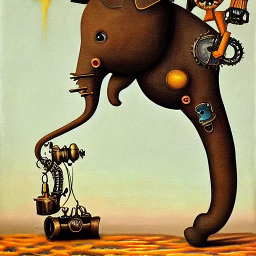 Prompt: surrealist painting of a steampunk elephant