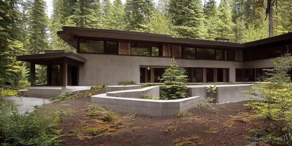 Prompt: very large modern lodge residence, pacific northwest, concrete and cedar, many large windows, designed by frank lloyd wright
