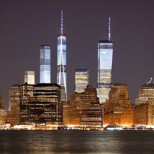 Prompt: NYC skyline with the Freedom Tower and both World Trade Center buildings visible