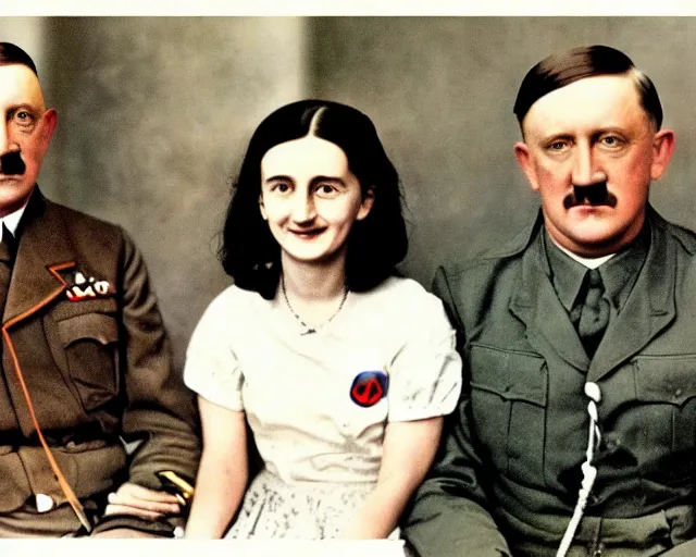 Image similar to a colourised and restored photo of Adolf Hitler together with Anne Frank as a happy couple, high quality, 8k,