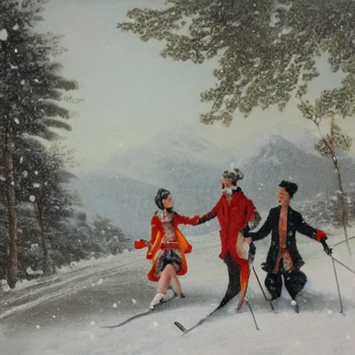 Image similar to happy couple skiing, snowfall, rococo