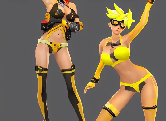 Image similar to tracer game character, in yellow bikini thong yellow, blonde hair, black eyes, full height