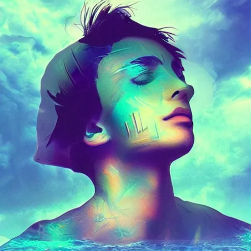 Image similar to a creative photo manipulation, photoshop, digital art, vaporwave