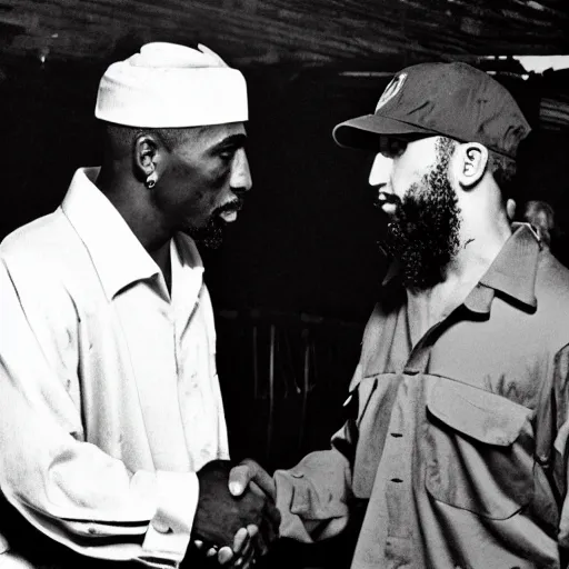 Image similar to cinematic shot of tupac shakur and fidel castro shaking hands in a cuban resort, 8 k, very detailed, very intricate, detailed faces,