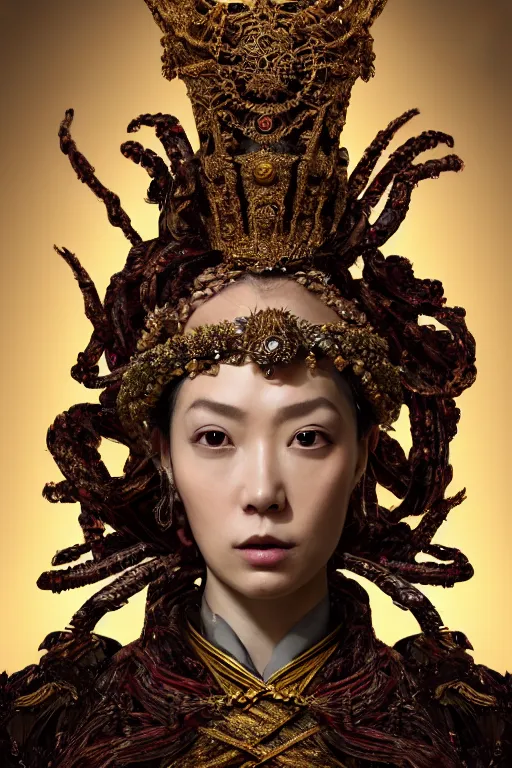 Prompt: a beautiful empress portrait, with a gross, impossible striking big worm headpiece, clothes entirely made out of worms, everything worms, symmetrical, dramatic studio lighting, rococo, baroque, asian, hyperrealism, closeup, D&D, fantasy, intricate, elegant, highly detailed, digital painting, artstation, octane render, 8k, concept art, matte, sharp focus, illustration, art by Artgerm and Greg Rutkowski and Alphonse Mucha