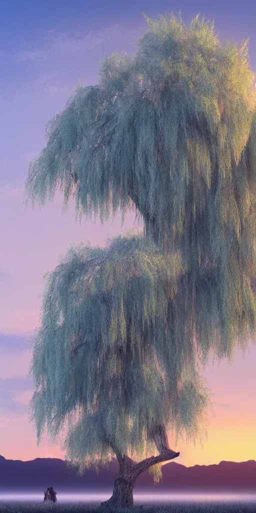 Image similar to featured on artstation majestic willow tree overlooking swirling river at sunset, beautiful image stylized digital art