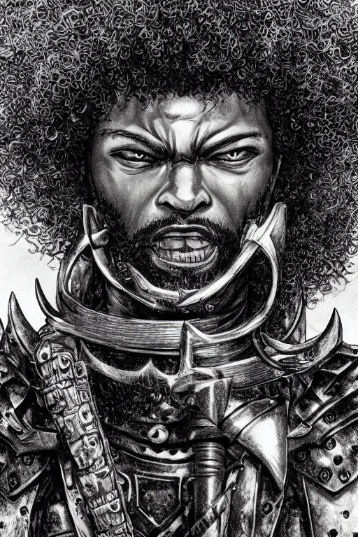 Prompt: black man with afro hair and raspy beard stubble as a knight, highly detailed, anatomically correct, black and white, manga, art by kentaro miura