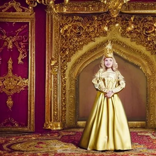Image similar to a 1 5 years old girl wearing regal clothes and a golden crown