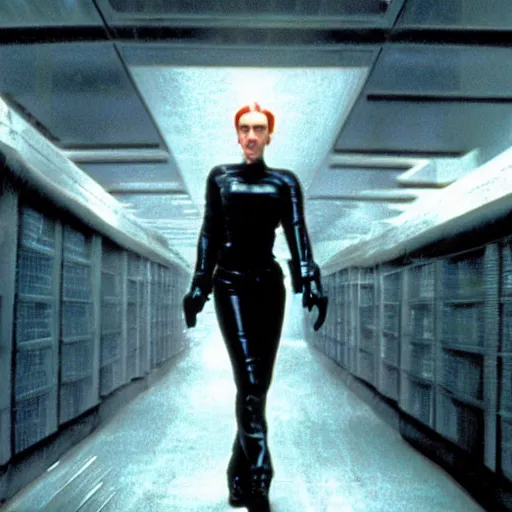 Prompt: a still of Scarlett Johansson in The Matrix (1999)