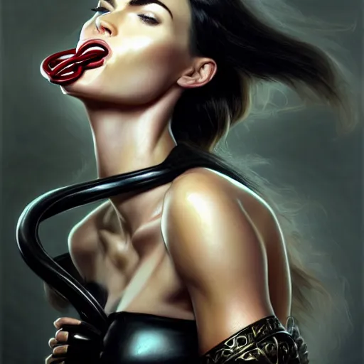 Image similar to portrait of megan fox with ball gag, muscular upper body, collar, greek, jewelry, black dress, fantasy, intricate, elegant, highly detailed, digital painting, artstation, concept art, matte, sharp focus, illustration, art by aenaluck and roberto ferri and greg rutkowski, epic fantasy, digital painting