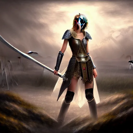 Image similar to the picture of taylor swift in a knight armor, epic fantasy art, mystical, mystic atmosphere, mythology, photo realistic, high detail, ultra realistic, hyper realistic, high definiton, 4 k uhd,