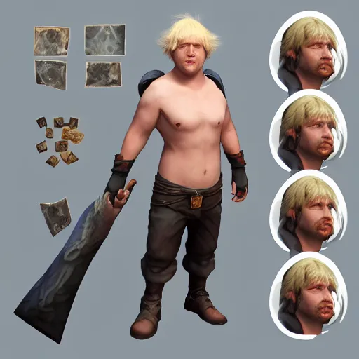 Prompt: character sheet of boris johnson as leage of legend hero, with a backgroud based on the game league of legends, 3d render, octance render, trending on artstation, ultra realistic, highly detailed, unreal engine 5