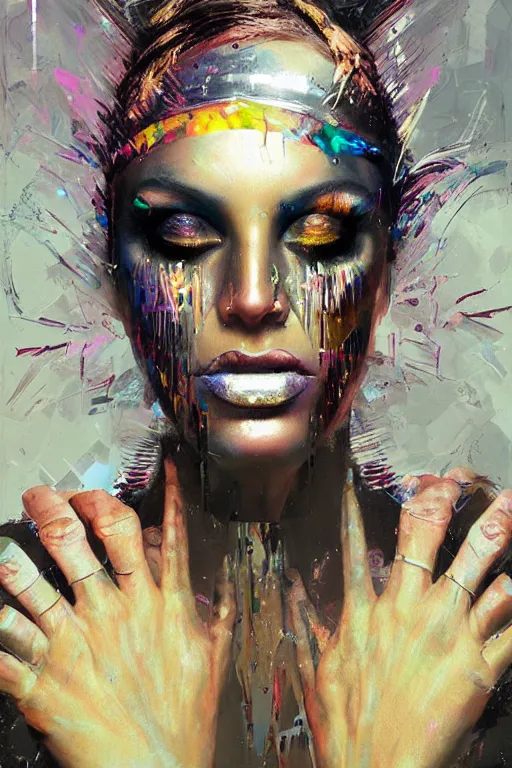 Image similar to portrait, headshot, digital painting, an delightfully mad, wholesome techno - shaman lady, metallic makeup, synthwave, glitch, fracture, realistic, hyperdetailed, chiaroscuro, concept art, painterly, art by john berkey