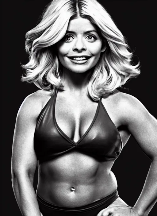 Prompt: holly Willoughby with the physique of a body builder, hyper realistic, ultra detailed, cinematic, dynamic lighting, photorealistic, refined, intricate, digital art, digital painting, masterpiece, 8k