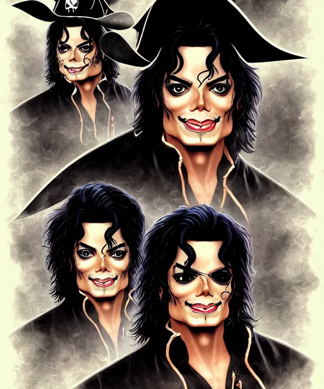 Image similar to fantasy comic style portrait of michael jackson as a pirate, digital illustration by ken taylor and sana takeda, hd, 4 k, intricate, highly detailed!!, character design, cover art, award winning