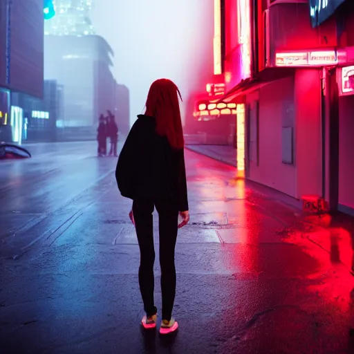 Prompt: skinny pale girl with red hair, cyberpunk city, crypto exchange, neon light, rain, foggy