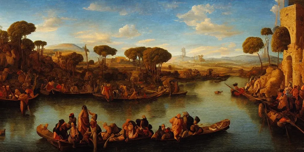 Prompt: Highly detailed and cinematic Renaissance period oil painting of the Nile, an oil painting ((masterpiece)) by ((Josep Tapiró Baró)), dynamic lighting, 8K