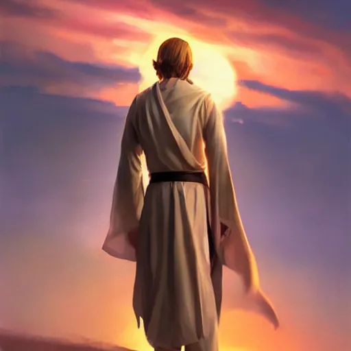 Prompt: a young blonde male jedi with short hair standing still looking at the sunset concept art by Doug Chiang cinematic, realistic painting, high definition, concept art