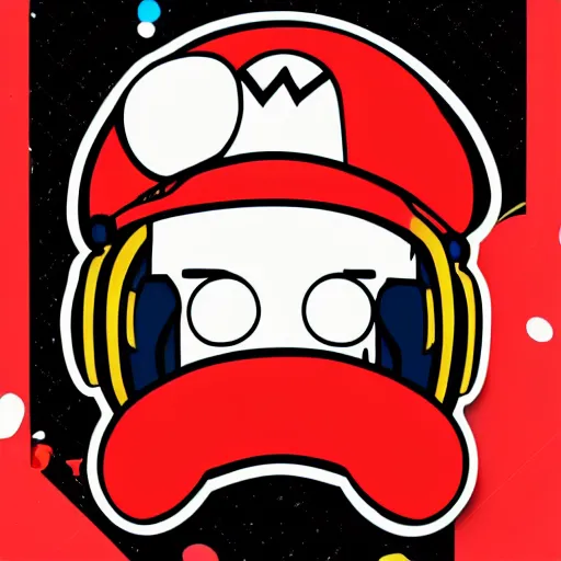 Image similar to svg sticker of a Pop-Wonder SuperMario, Mario-Wearing-a-red-hat, at a rave, spinning records, giant headphones rocking out, wearing headphones, huge speakers, dancing, rave, DJ, spinning records, digital art, amazing composition, rule-of-thirds, award-winning, trending on artstation, featured on deviantart