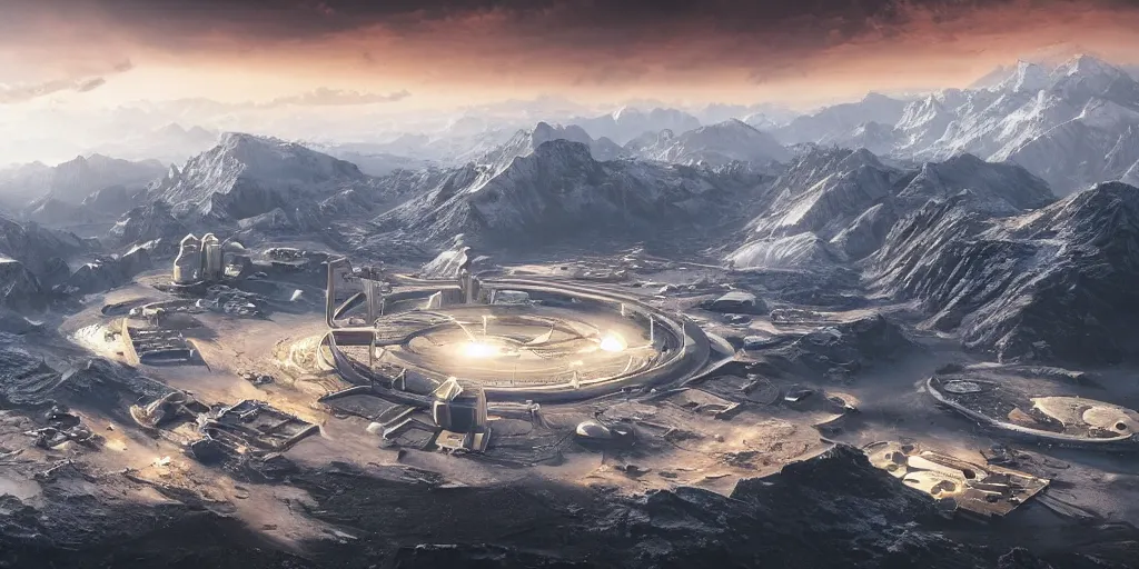 Prompt: a beautiful view of a spaceport in the alps, matte painting, cinematic lighting, hyper - detailed, 4 k, scifi