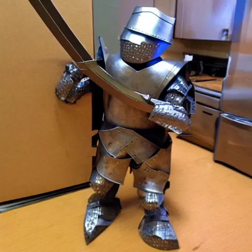 Image similar to cardboard boxman with cardboard armor, wielding a sword inside a kitchen