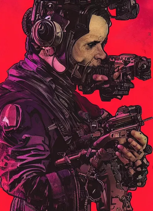 Prompt: cyberpunk blackops spy. night vision. portrait by ashley wood and alphonse mucha and laurie greasley and josan gonzalez and james gurney. spliner cell, apex legends, rb 6 s, hl 2, d & d, cyberpunk 2 0 7 7. realistic face. dystopian setting.