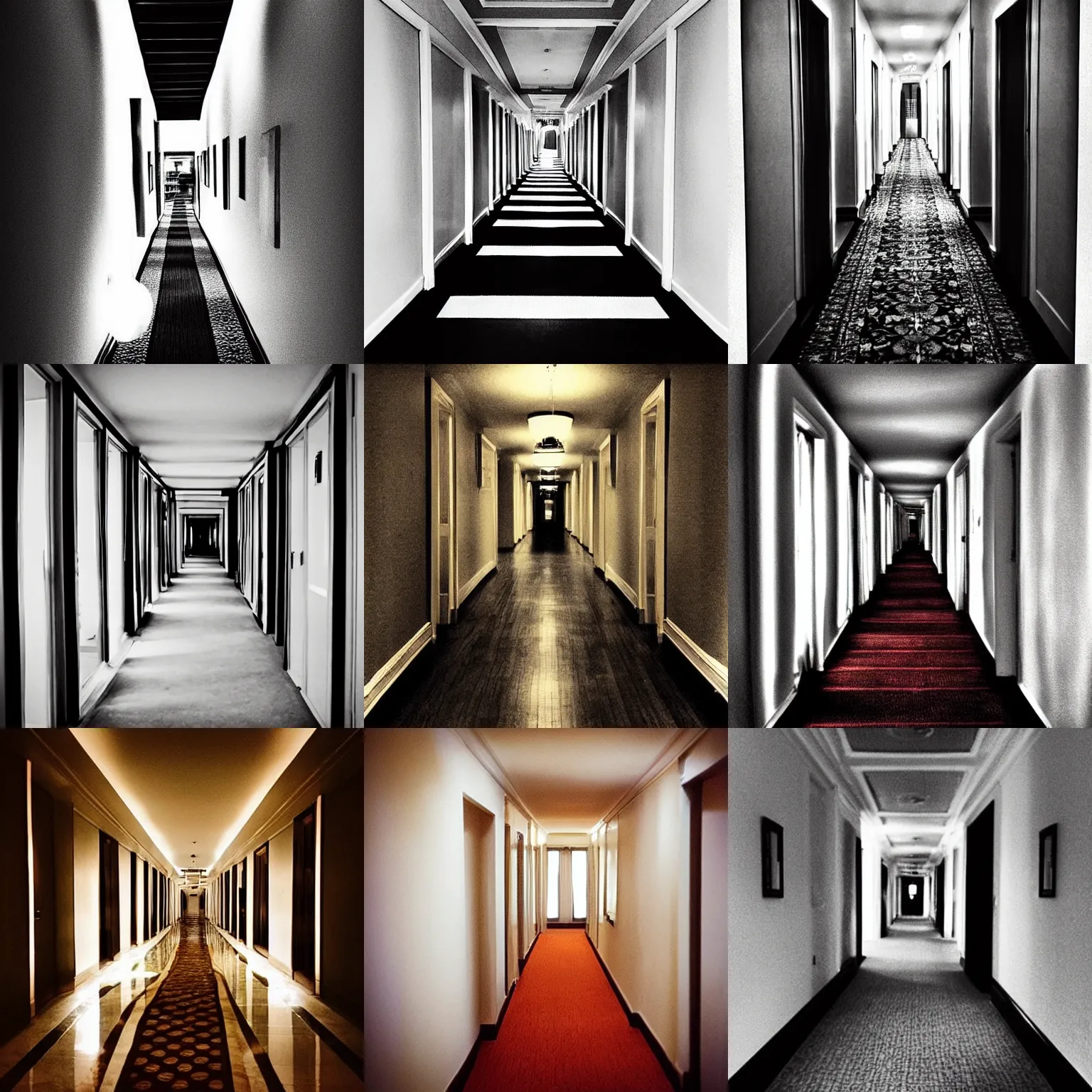 Prompt: “long hotel hallways, the shining, digital high quality photo”